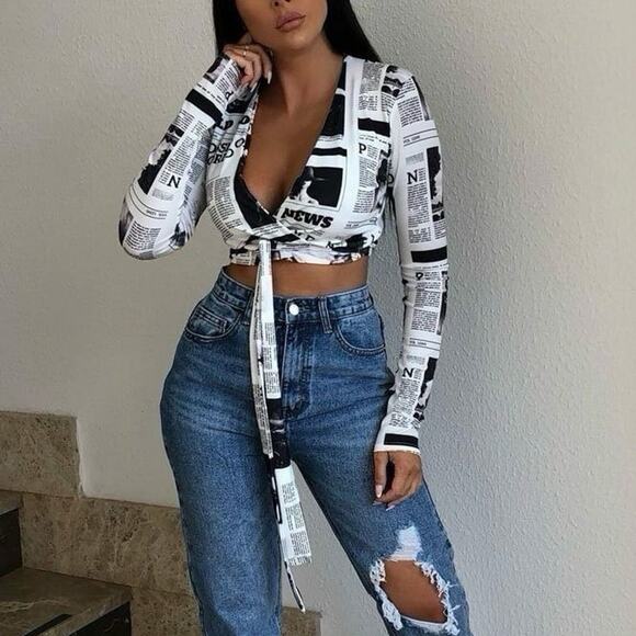 Newspaper Print Tie Front Crop Top - Picture 1 of 9